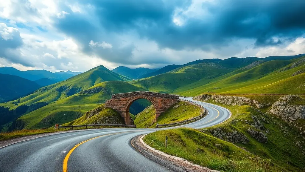 Paved mountain road curving through the green Caucasus toward Svaneti in western Georgia