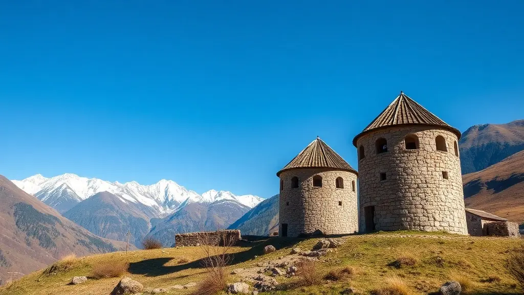 Traditional stone architecture in Caucasus mountain village near Mestia, Svaneti region of Georgia