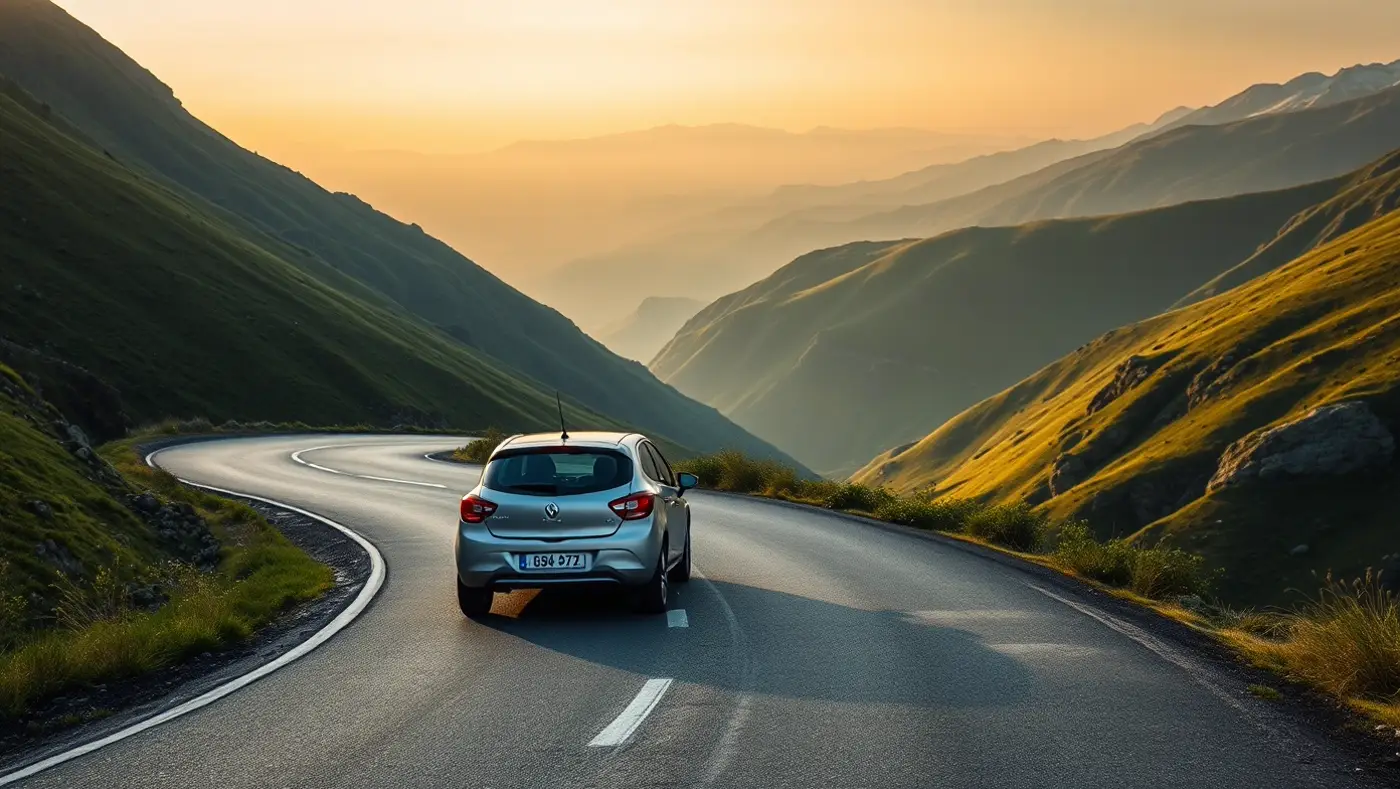 Scenic mountain road winding through the Caucasus mountains in Georgia with a rental car