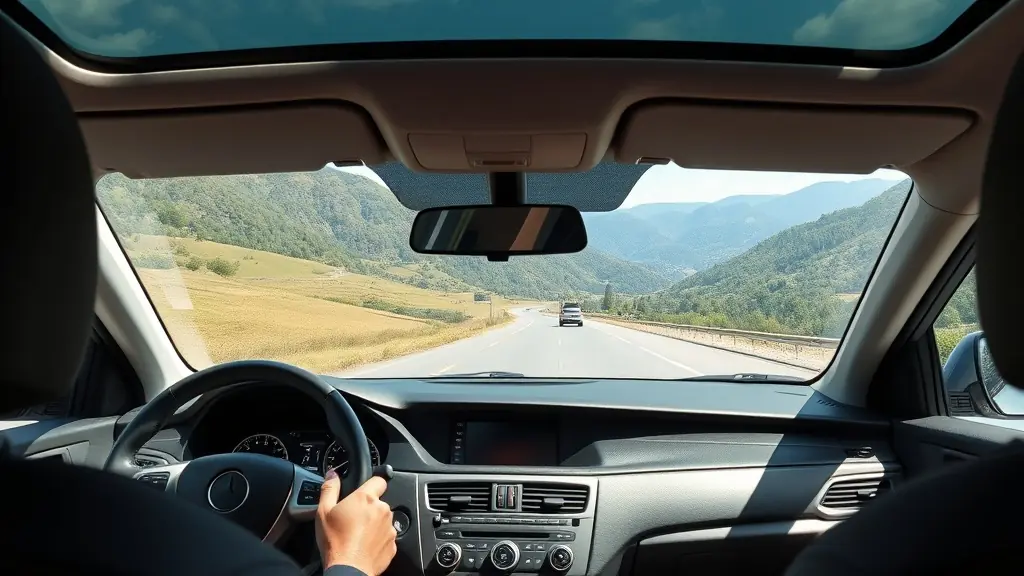 View from rental car dashboard driving through Georgian countryside toward the Caucasus mountains